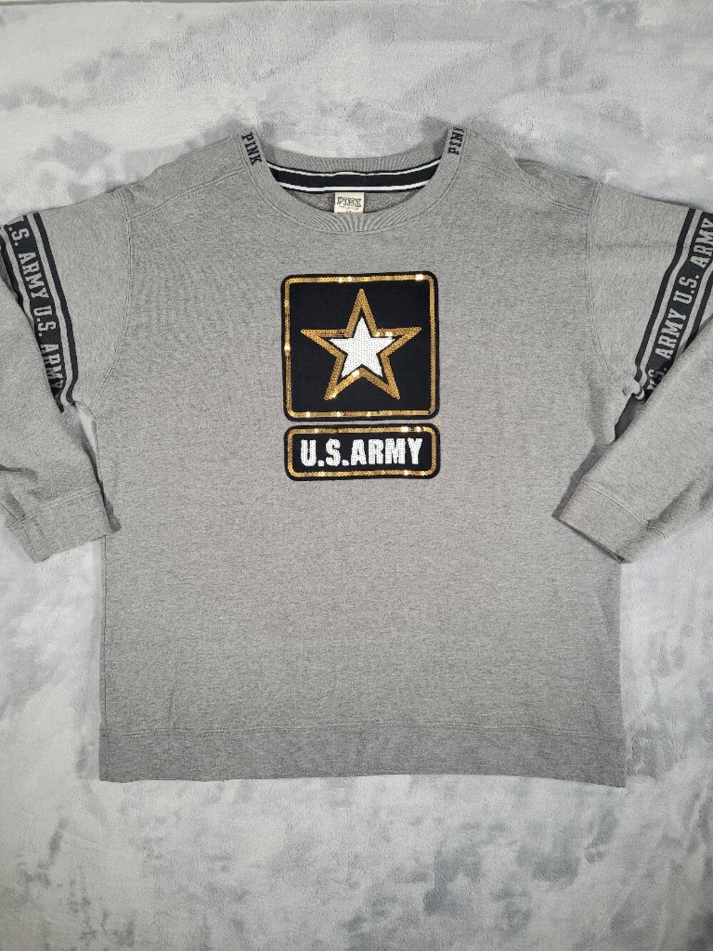 Victoria's Secret PINK Bling Sequin Crewneck Sweatshirt Black Gold US Army Sz L